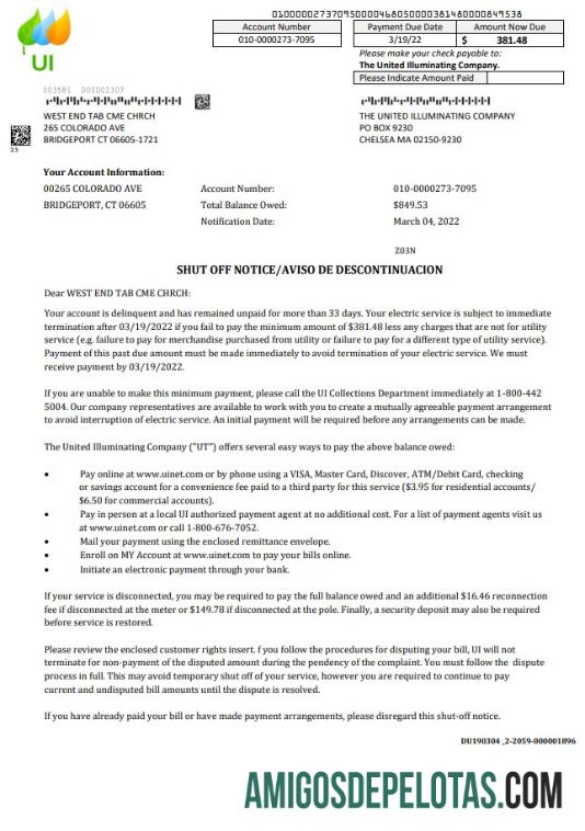 em branco EUA Massachusetts Chelsea The United Illuminating Company Aviso de desligamento de contas de serviços públicos, modelo Word e PDF